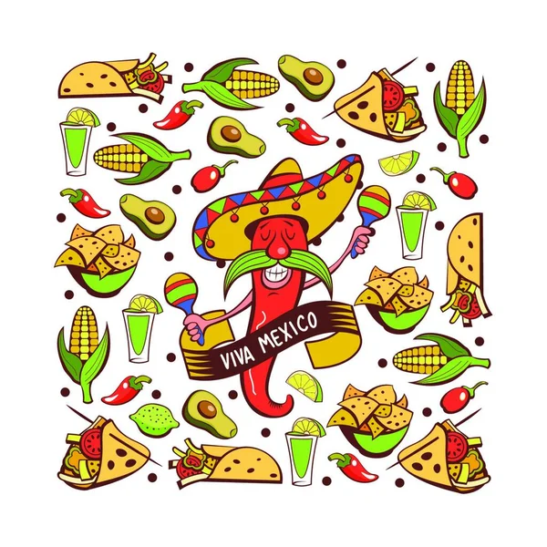 Red Chili Sombrero Dancing Maracas Mexican Food Set Popular Mexican — Stock Vector