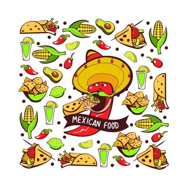 Chili Rojo Sombrero Comiendo Burritos Comida Mexicana Conjunto Platos Mexicanos — Vector de stock