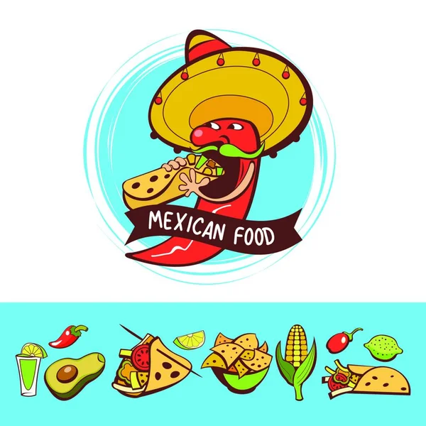 Red Chili Sombrero Dancing Maracas Mexican Food Set Popular Mexican — Stock Vector