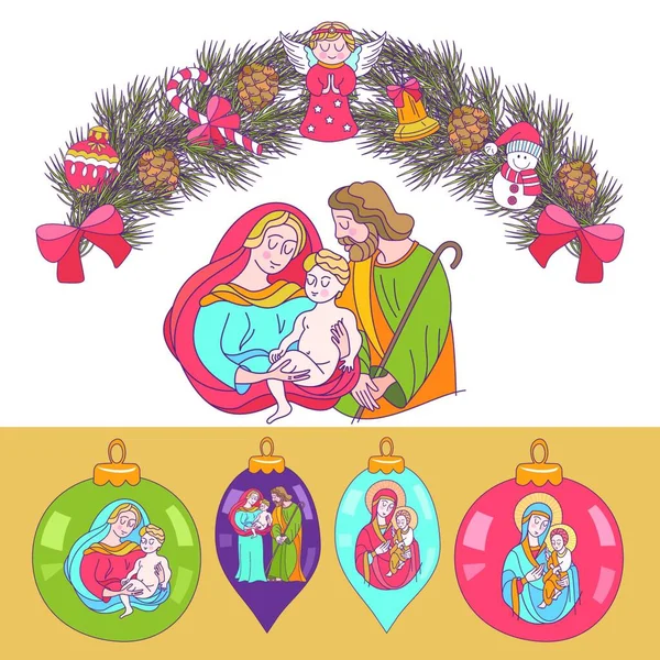 メリークリスマス ベクトルのクリスマス カード モミのリースは クリスマスの飾り ボール コーン 鐘で飾られました 聖母マリアは 赤ん坊のイエスを保持しています — ストックベクタ