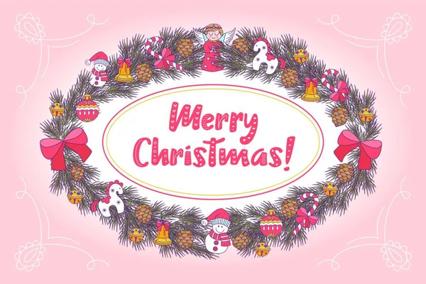 Merry Christmas Vector Christmas Card Fir Wreath Decorated Christmas Decorations — Stock Vector