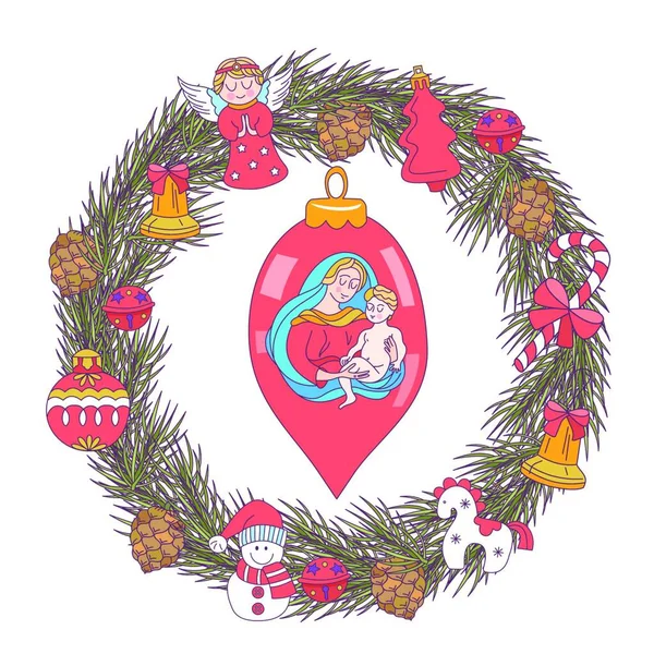 メリークリスマス ベクトルのクリスマス カード モミのリースは クリスマスの飾り ボール コーン 鐘で飾られました 聖母マリアは 赤ん坊のイエスを保持します — ストックベクタ