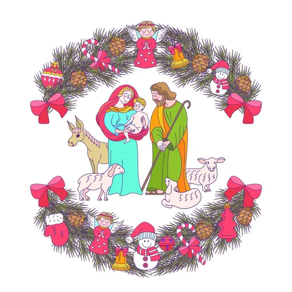 Счастливого Рождества Векторная Рождественская Открытка Еловый Венок Украшен Рождественскими Украшениями — стоковый вектор