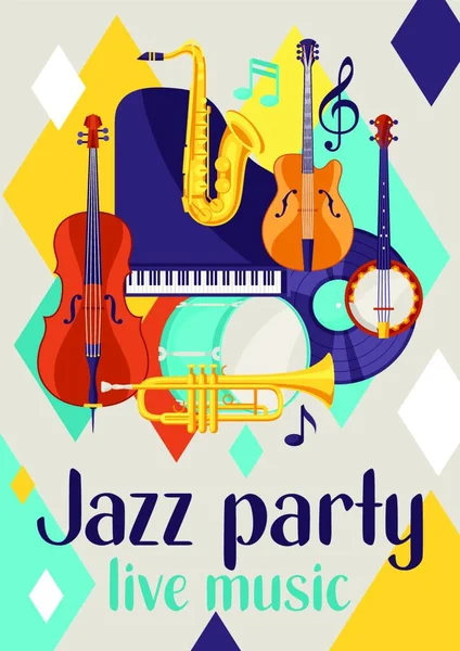 Jazzparty Live Musik Retro Affisch Med Musikinstrument Jazzfest Levande Musik — Stock vektor