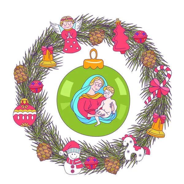 メリークリスマス ベクトルのクリスマス カード モミのリースは クリスマスの飾り ボール コーン 鐘で飾られました 聖母マリアは 赤ん坊のイエスを保持します — ストックベクタ
