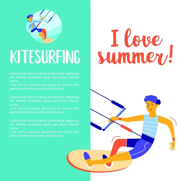 Kitesurfing. Sportsman kitesurfer. Water sports of extreme sports, summer rest on water. Colorful vector illustration in flat style.