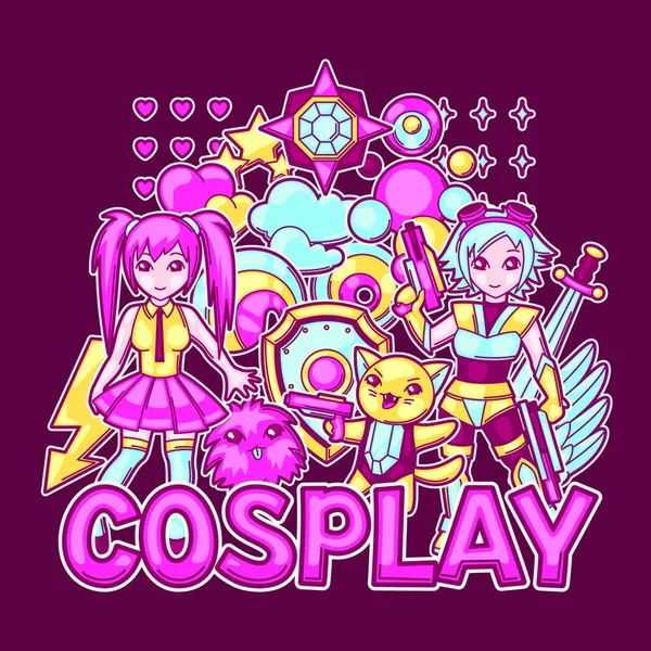 Ιαπωνικό Anime Cosplay Print Χαριτωμένο Kawaii Χαρακτήρες Και Στοιχεία Ιαπωνικό — Διανυσματικό Αρχείο