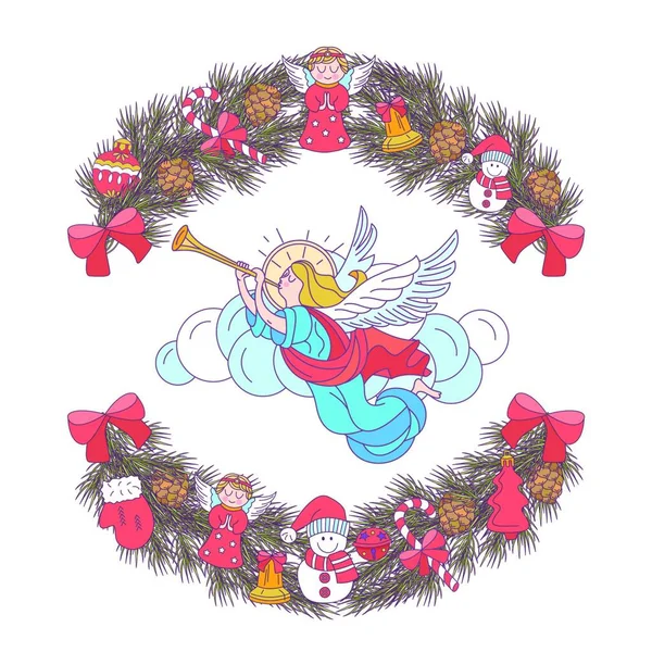 メリークリスマス ベクトルはがきの図 天使は トランペットを吹きます モミの枝の花輪は クリスマスの装飾と飾られます 白い背景に分離 — ストックベクタ