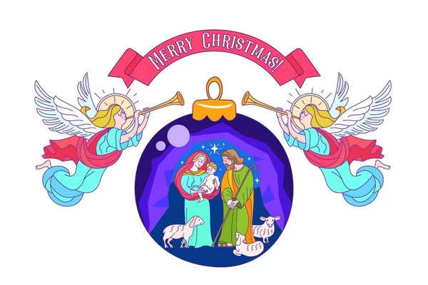 メリークリスマス ベクトルのグリーティング カード 処女の赤ん坊のイエス マリアとヨセフの婚約者 トランペットと天使は 救世主の誕生を発表します クリスマス飾り玉 — ストックベクタ