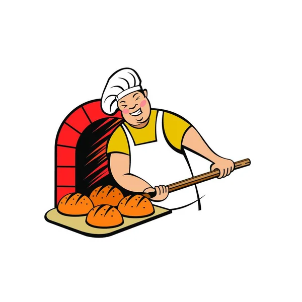Милий Бейкер Працює Пекарні Бейкер Випікає Хліб Печі Логотип Вектора — стоковий вектор