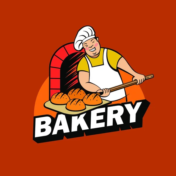 一个可爱的贝克在面包店工作 贝克在烤箱里烤面包 面包店矢量标识 — 图库矢量图片