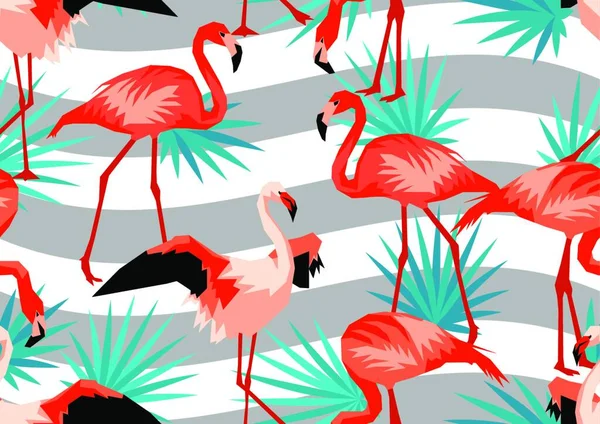 Frontera Sin Mar Con Flamencos Pájaras Tropicales Brillantes Abstractas Hojas — Archivo Imágenes Vectoriales