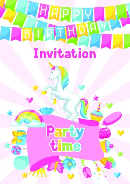 Gelukkige Verjaardag Uitnodiging Met Eenhoorn Fantasie Items Gelukkige Verjaardag Uitnodiging — Stockvector