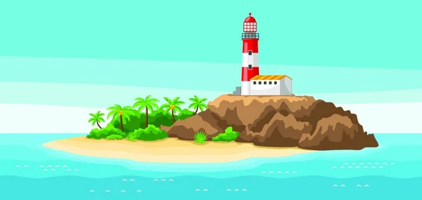 Illustration of lighthouse on rocky coast. Landscape with ocean, palm trees and rocks. Travel background. Illustration of lighthouse on rocky coast. Landscape with ocean, palm trees and rocks. Travel background.