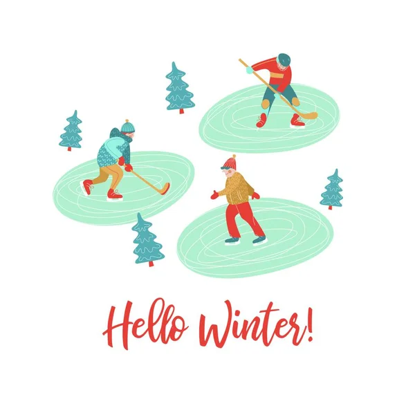 Hello Winter Vector Illustration Greeting Card People Ice Rink Playing — Stock Vector