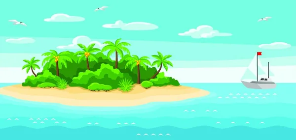 Illustration Tropical Island Ocean Landscape Ocean Palm Trees Yacht Travel — Stock Vector