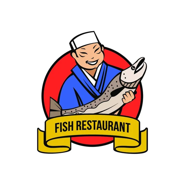 Japanischer Koch Mit Frischem Fisch Vektor Logo Eines Japanischen Restaurants — Stockvektor