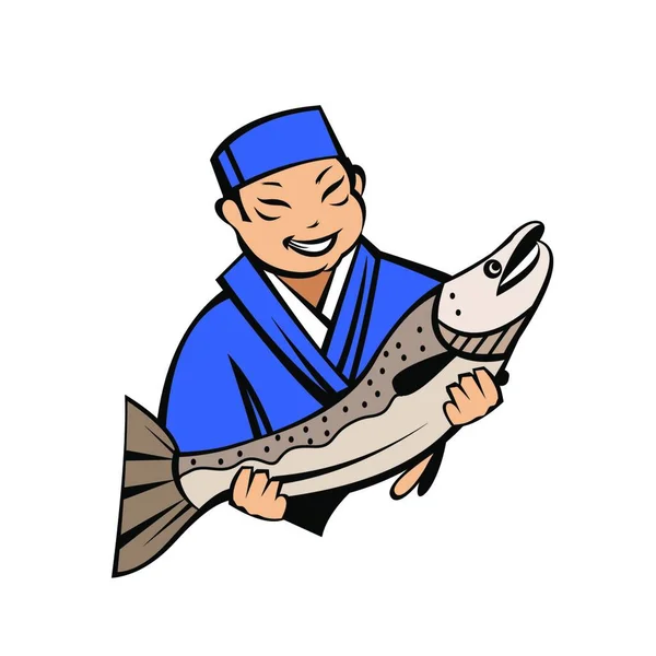 Japanese Chef Holding Fresh Fish Vector Logo Japanese Restaurant Fresh — Stock Vector