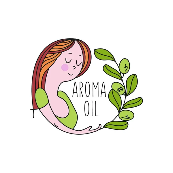 Aardige Vrouw Een Takje Planten Natuurlijke Cosmetica Aromatische Oliën Een — Stockvector
