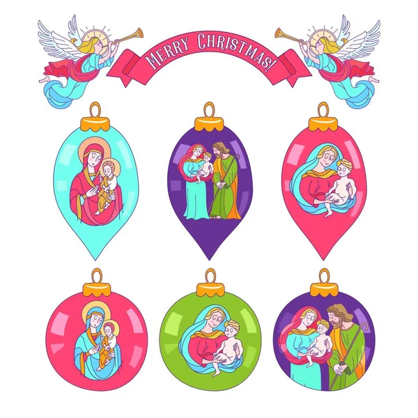 Conjunto Bolas Árbol Navidad Decoraciones Navideñas Que Representan Una Sagrada — Vector de stock