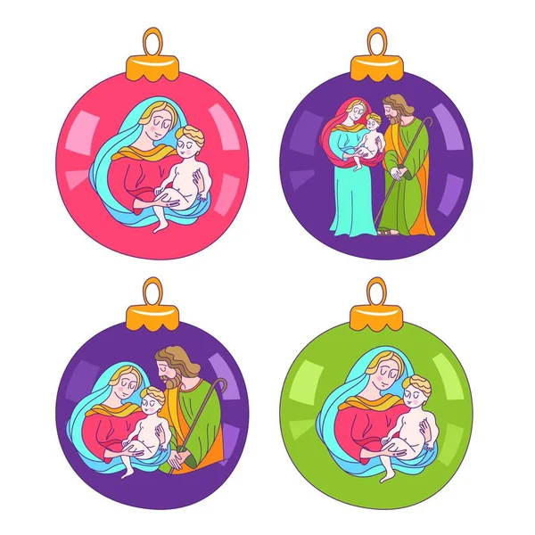 Set Christmas Tree Balls Christmas Decorations Depicting Holy Family Vector — Stock Vector