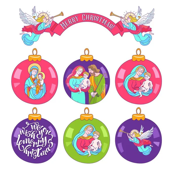 クリスマスツリーのボールのセット 白い背景に聖家族のベクトルイラストを描いたクリスマスの装飾 メリークリスマス 聖家族のイメージとベクトルクリスマスボールのセット — ストックベクタ