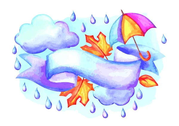 Aquarellhintergrund Mit Herbstlichen Elementen Set Aus Aquarellschirm Wolken Und Regen — Stockvektor
