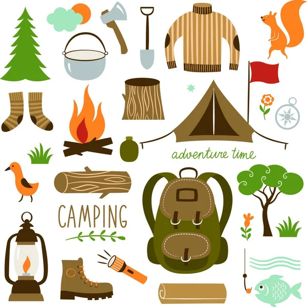 Camping Senderismo Iconos Conjunto Camping Senderismo Iconos Conjunto Vector Arte — Vector de stock