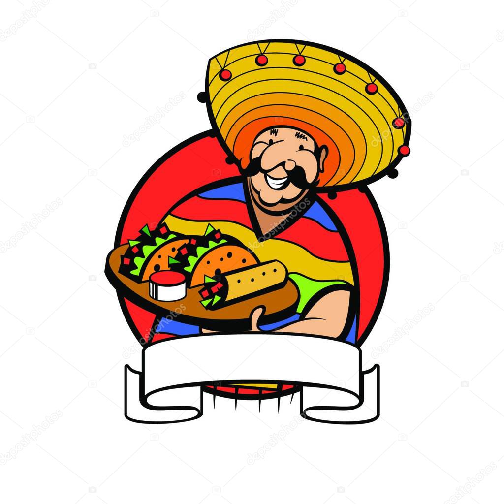 A Jolly Mexican wearing a striped poncho and a big Mexican hat holds a tray of traditional Mexican food. Tacos, burrito. Vector logo of Mexican restaurant.