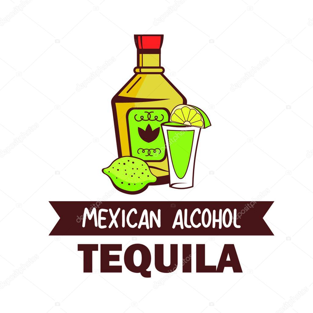 Tequila. Popular Mexican alcoholic drink. Cactus vodka .Vector illustration in cartoon style.