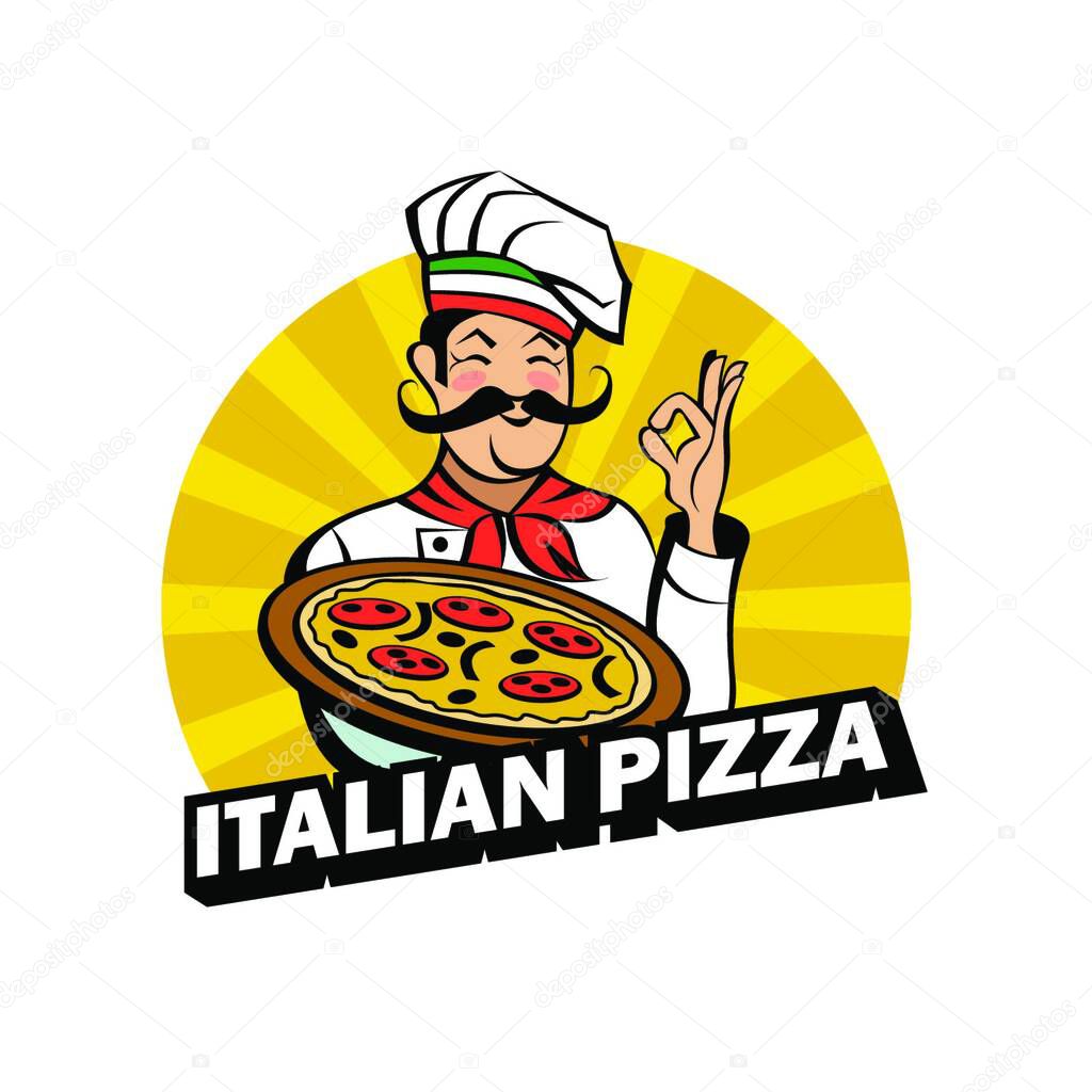 Italian chef with a mustache holding a delicious pizza. Italian pizza, traditional national dish. Vector emblem.