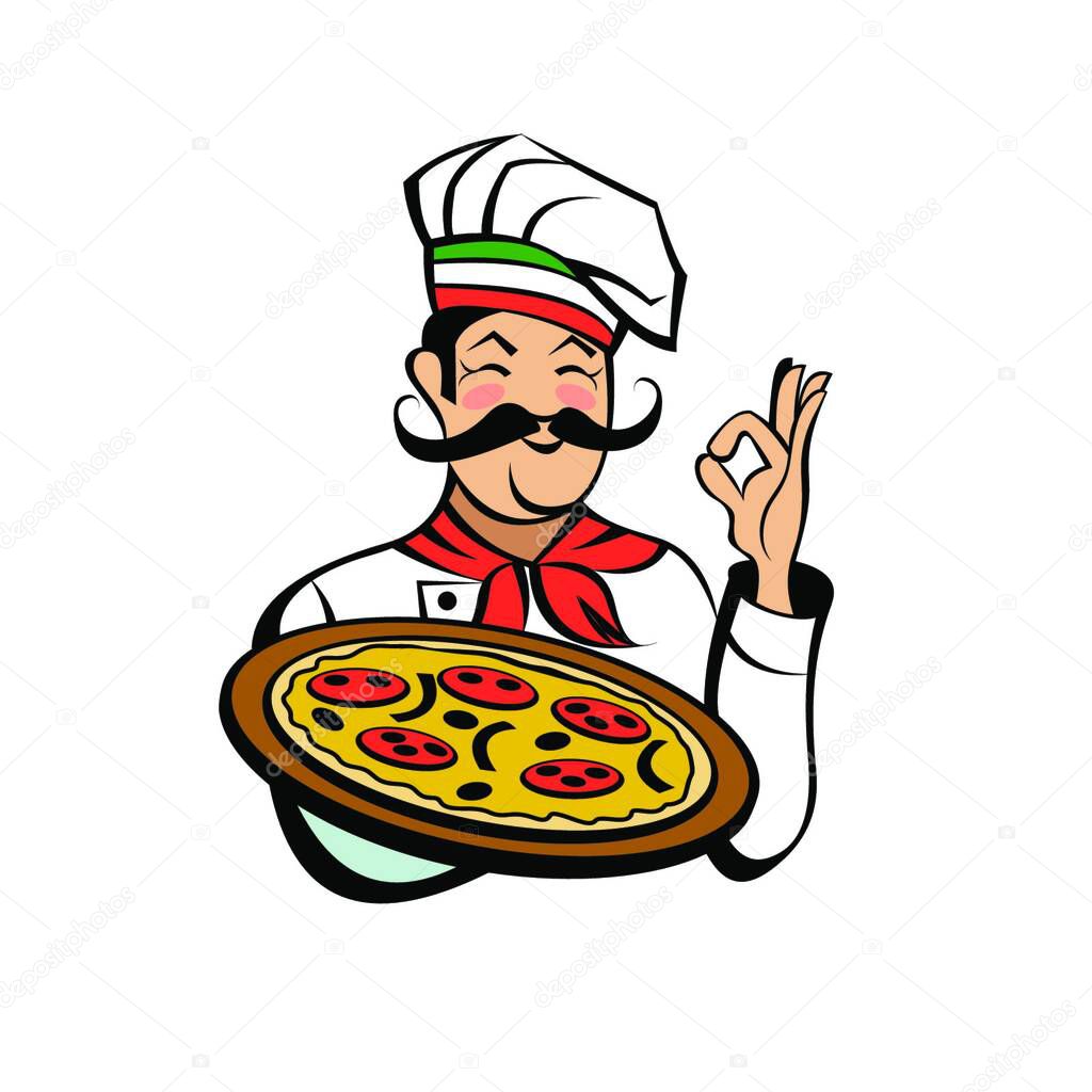 Italian chef with a mustache holding a delicious pizza. Italian pizza, traditional national dish. Vector emblem.