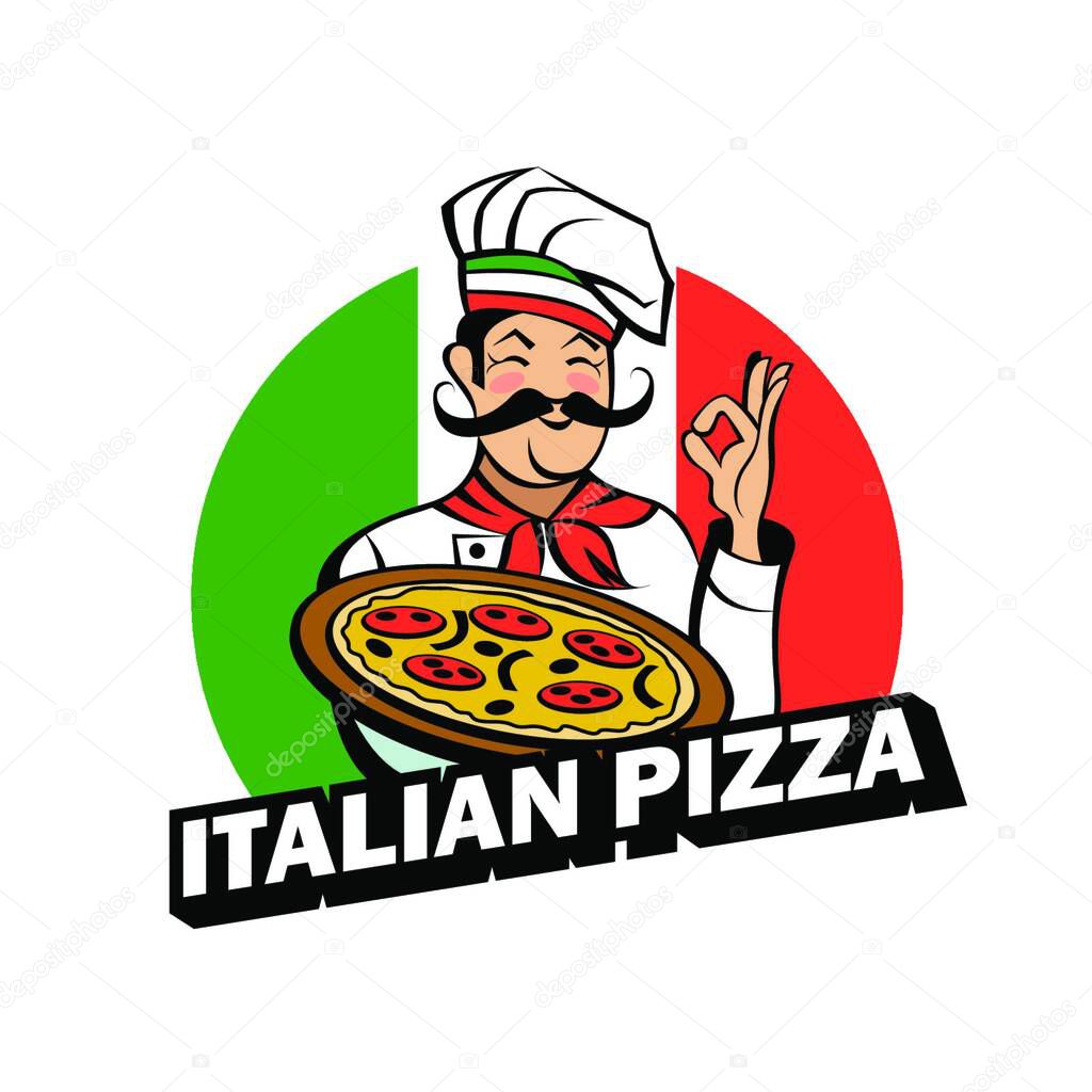 Italian chef with a mustache holding a delicious pizza. Italian pizza, traditional national dish. Vector emblem.