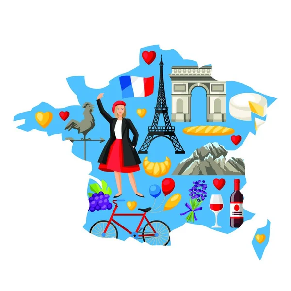 Mapa Ilustrativo Francia Símbolos Objetos Tradicionales Franceses Mapa Ilustración Francia — Vector de stock