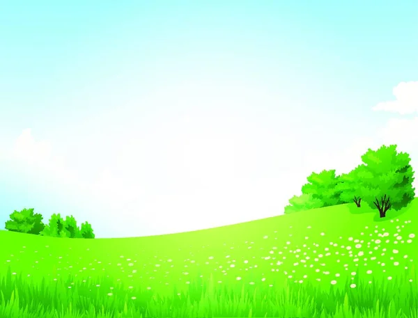 Vector Green Landschap Met Bomen Wolken Bloemen Groen Landschap Met — Stockvector