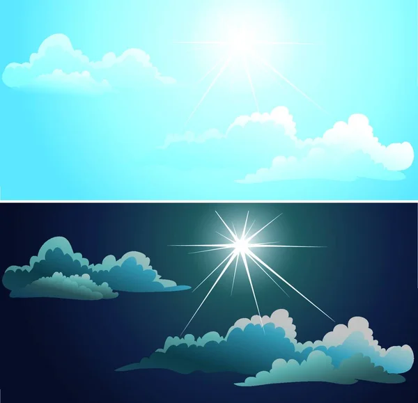 Vektor Blauer Und Nächtlicher Himmel Mit Weißen Wolken Blauer Und — Stockvektor