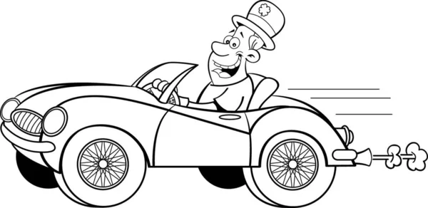 ダービーを着てスポーツカーを運転する男の黒と白のイラスト — ストックベクタ