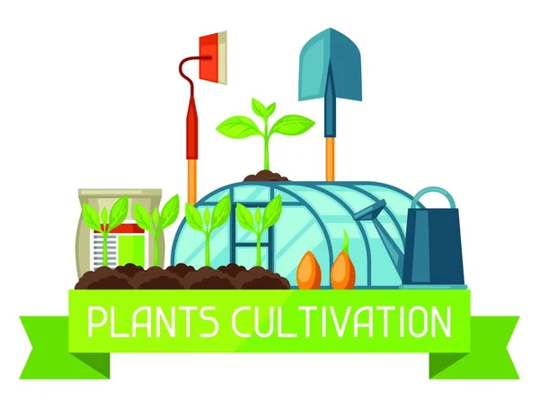 Concepto Con Objetos Agrícolas Instrumentos Para Cultivo Proceso Plántulas Plantas — Archivo Imágenes Vectoriales