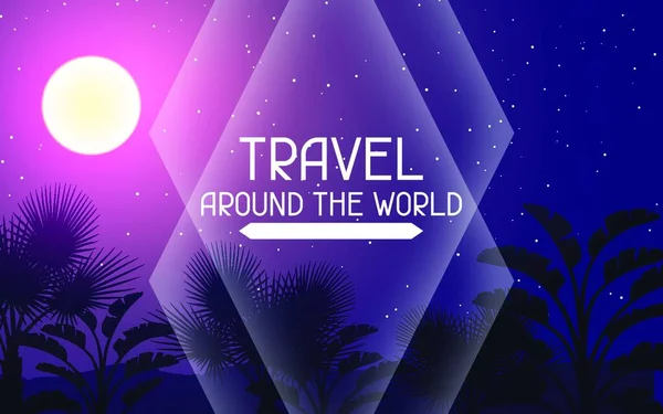 Voyage Autour Monde Fond Tropical Avec Paysage Lune Palmiers — Image vectorielle