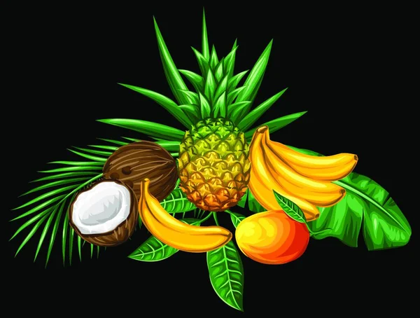 Hintergrund Tropische Früchte Und Blätter Design Für Werbehefte Etiketten Verpackungen — Stockvektor