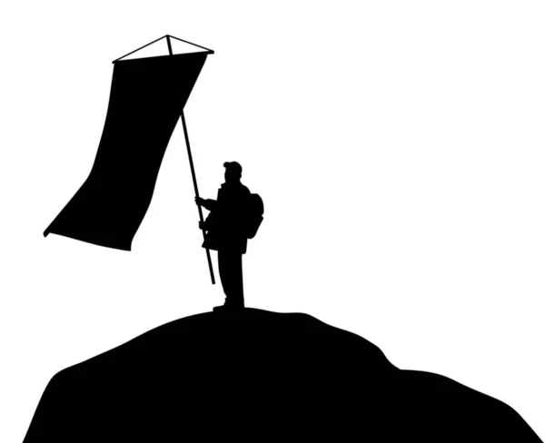 Illustration Eines Mannes Der Auf Einem Berggipfel Steht Und Eine — Stockvektor