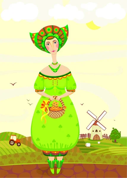 Chica Vestida Verde Con Gato Una Cesta Contra Paisaje Rural — Archivo Imágenes Vectoriales