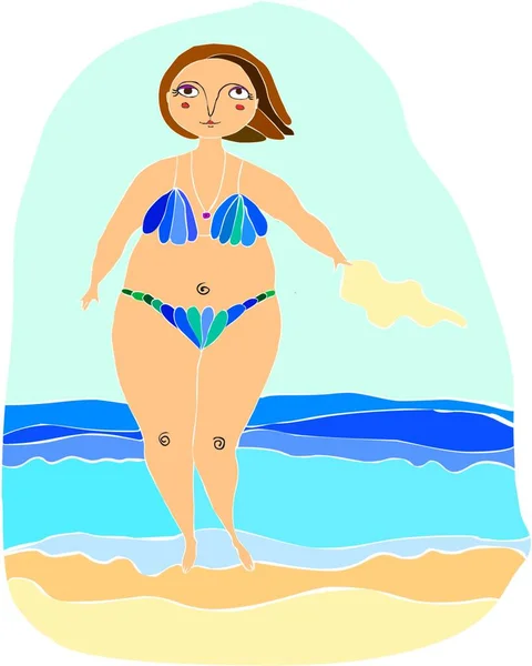 Mujer Bikini Azul Oscuro Una Playa — Vector de stock