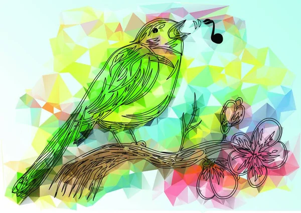 歌鸟和音符 彩色背景上的抽象鸟 — 图库矢量图片