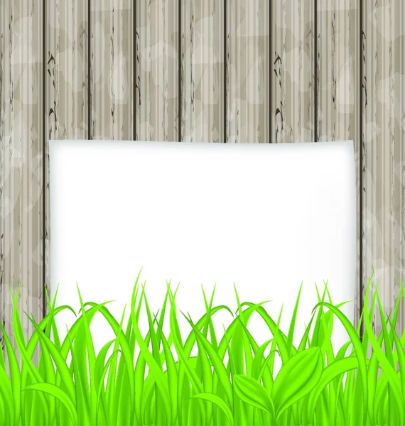 Illustration Herbe Verte Feuille Papier Sur Texture Bois Vecteur — Image vectorielle