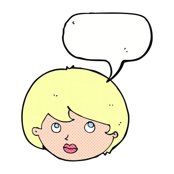 Cartoon Weibliches Gesicht Blickt Mit Sprechblase Nach Oben — Stockvektor