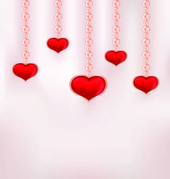 Ilustración Fondo Para Día San Valentín Con Corazones Rojos Perlas — Vector de stock