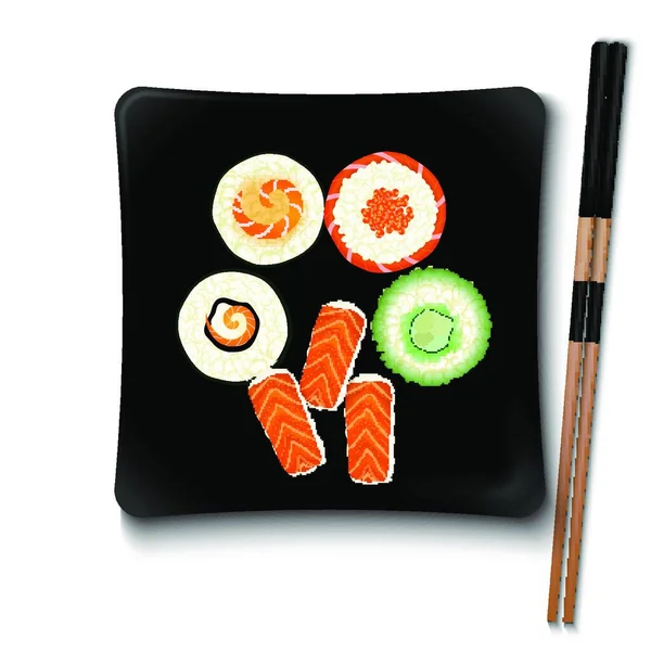 Japońskie Sushi Owoców Morza Czarnym Kwadratowym Talerzu — Wektor stockowy