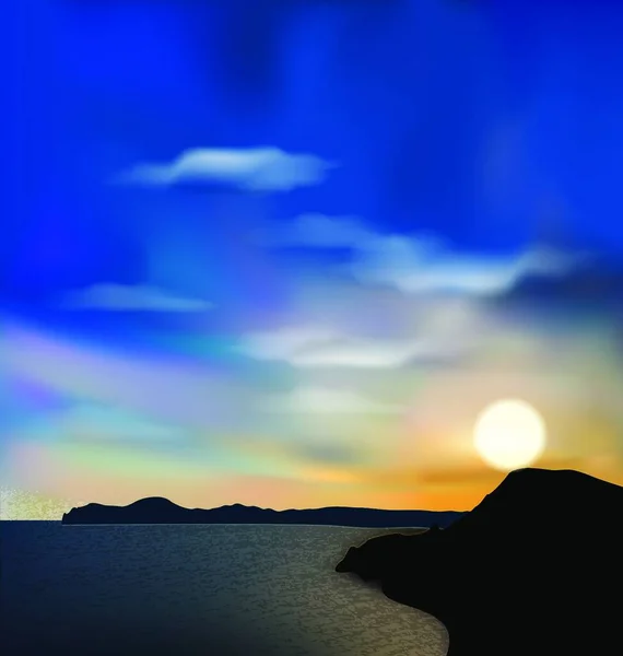 Illustration Natur Hintergrund Meer Berg Sonne Himmel Bei Sonnenaufgang Vektor — Stockvektor