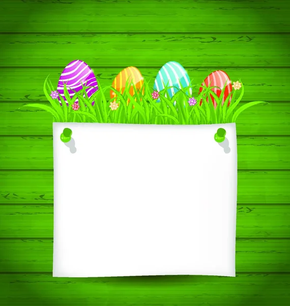 Пасхальные Крашеные Яйца Зеленой Траве Пустой Бумажной Карточкой Текста Вектор — стоковый вектор